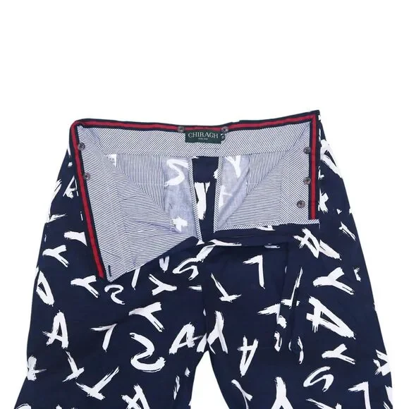 Mens Gurkha Pants 38 Blue White Chino Trousers Text Print Straight Flat Front